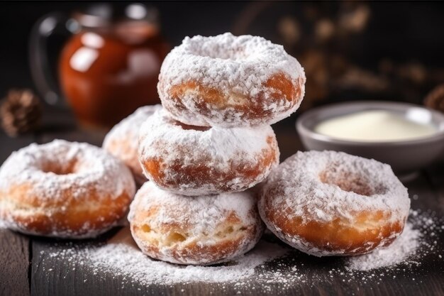 Deliciosos donuts de açúcar em pó na mesa