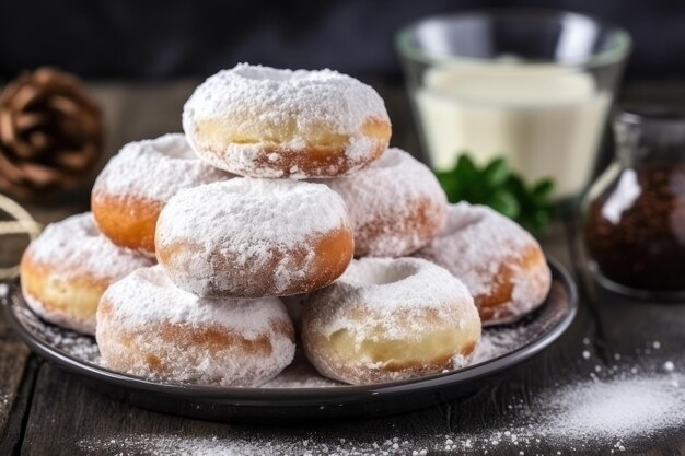 Deliciosos donuts de açúcar em pó na mesa.