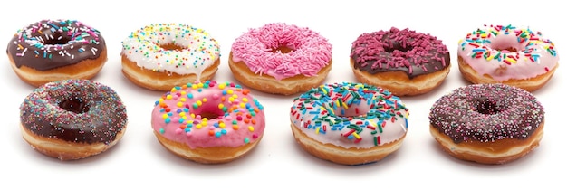 Deliciosos donuts isolados em fundo branco em close-up colorido