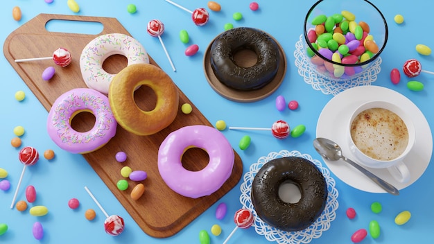 Deliciosos donuts con marrón chocolate y fresa Servidos en la tabla de madera y una servilleta blanca Decorados con dulces multicolores y una taza de café Fondo azul Imagen horizontal Vista superior