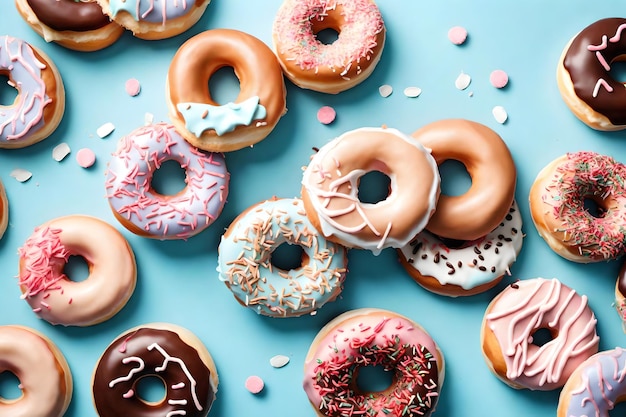 Deliciosos donuts sobre fondo azul bebé