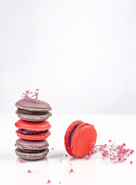 Deliciosos dulces conjunto de macarons de colores aislado sobre fondo blanco.