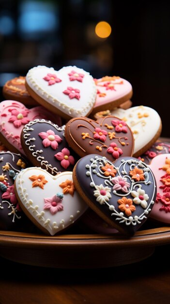 Deliciosos dulces galletas glaseadas en forma de corazón adornadas con motivos florales en un soporte de madera Ve