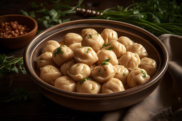 Deliciosos dumplings en la olla sobre la mesa Red neuronal IA generada