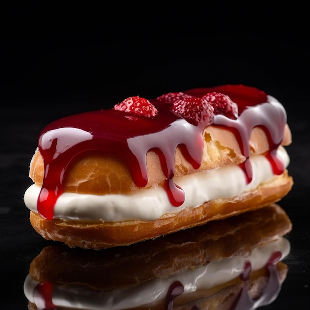 Deliciosos eclairs com geleia de morango sobre um fundo preto