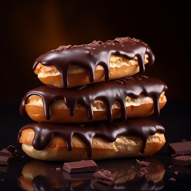 Deliciosos eclairs con glaseado de chocolate sobre un fondo negro AI Generative