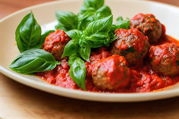 Deliciosos espaguetis y albóndigas decorados con tomates y hojas de lechuga fresca