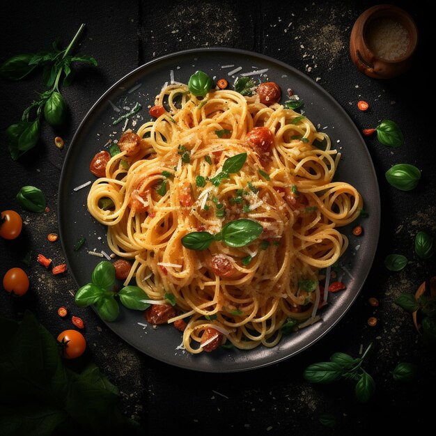 Deliciosos espaguetis, fideos y tomates, comida italiana.