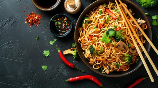 Deliciosos fideos asiáticos con verduras y setas en fondo oscuro Vista superior del espacio de copia