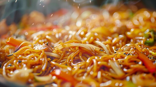 Deliciosos fideos Yakisoba para carteles de comida AI generativa