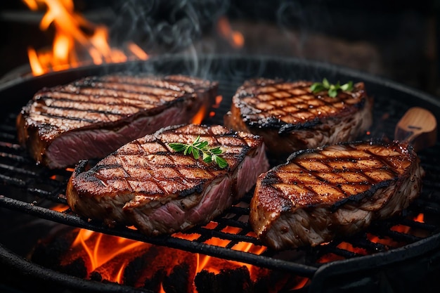 deliciosos filetes de carne de cerdo o de res están cayendo