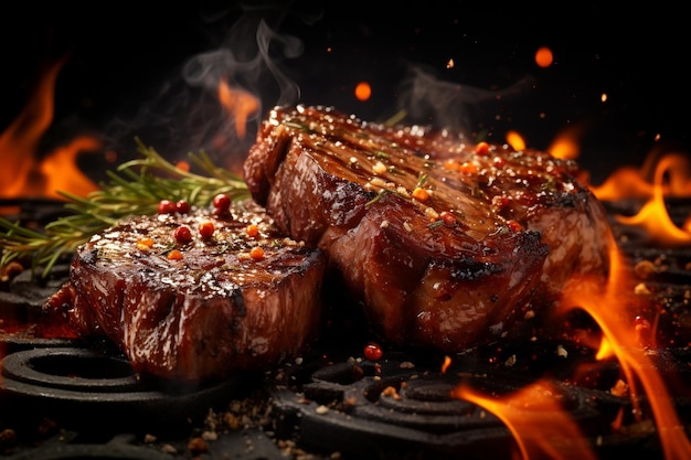 Los deliciosos filetes de cerdo o carne de res están cayendo.