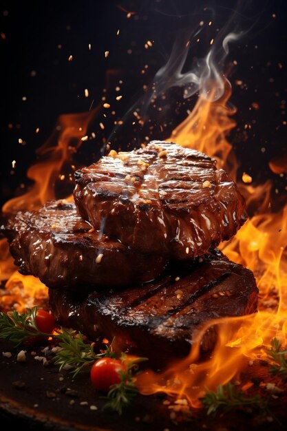 Los deliciosos filetes de cerdo o carne de res están cayendo.