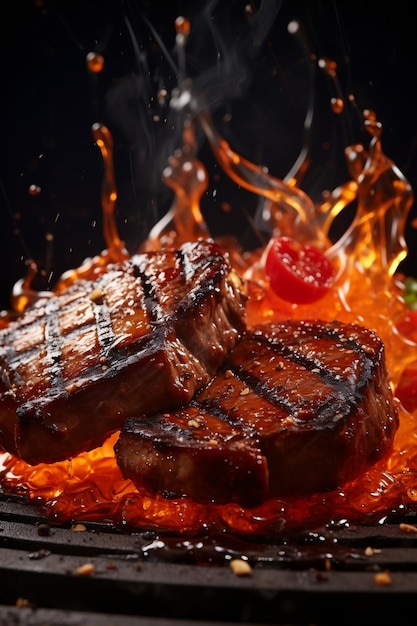 Los deliciosos filetes de cerdo o carne de res están cayendo.