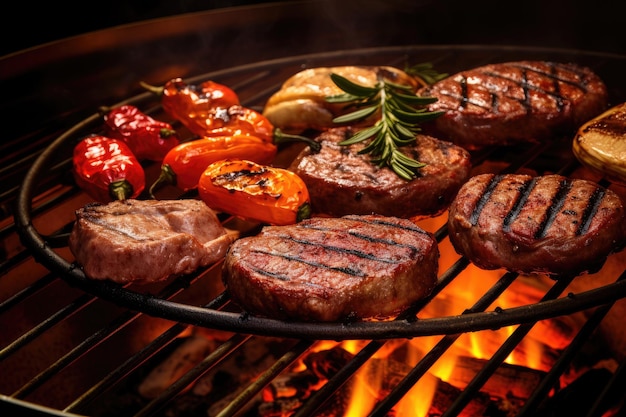 Deliciosos filetes y una colorida variedad de verduras chisporrotean en la parrilla creando un tentador festín para los sentidos Filete de ternera y salchichas en una parrilla mostrada en primer plano Generado por IA