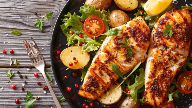 Foto deliciosos filetes de pollock o coalfish cocinados en una marinada picante y servidos con ensalada fresca y patatas pequeñas como aperitivo de mariscos para la cena