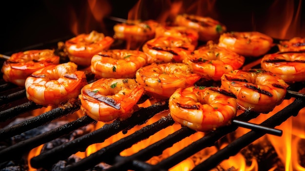 Deliciosos frutos do mar grelhados em chamas