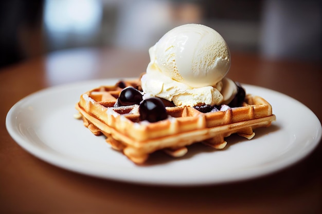 Deliciosos gofres belgas con helado para la mañana en un plato de fondo borroso