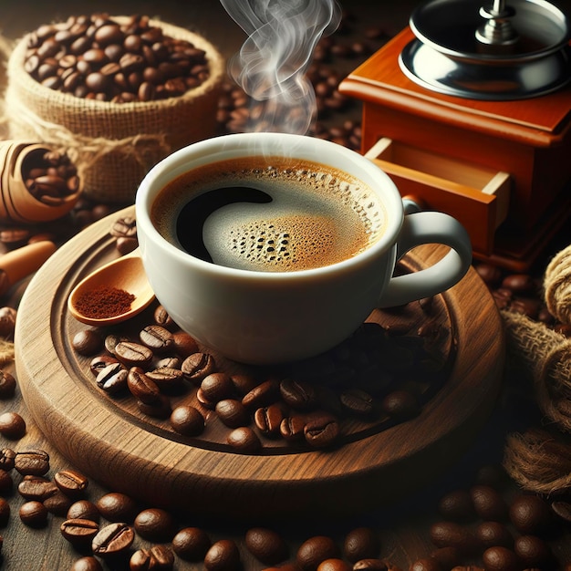Deliciosos granos de café y taza