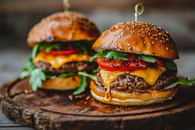 Foto deliciosos hambúrgueres de carne com queijo derretido