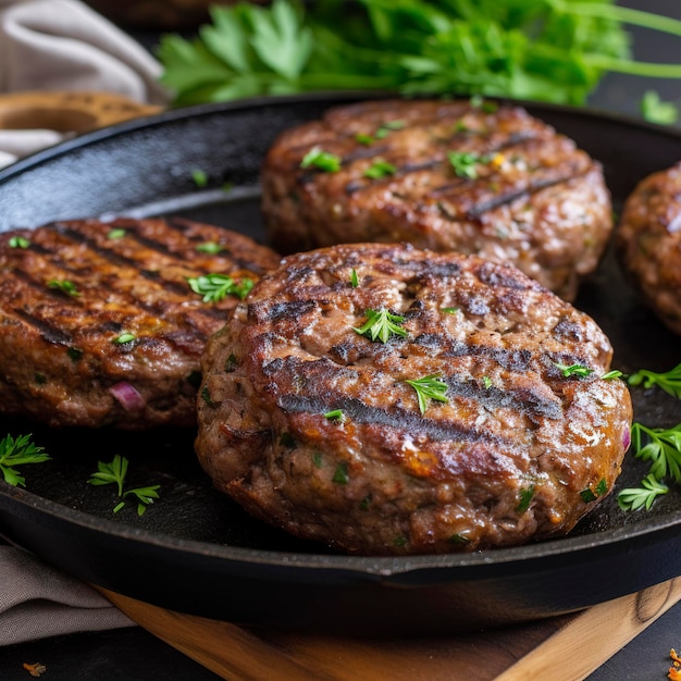 Deliciosos hambúrgueres grelhados com temperos na mesa de madeira closeup geram ai