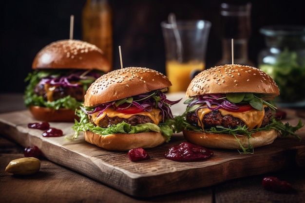 Deliciosos hambúrgueres suculentos A comida mais popular do mundo Generative AI