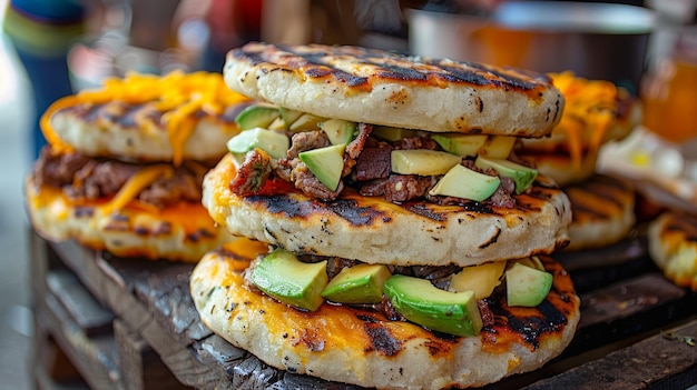 Deliciosos hambúrgueres vegetarianos grelhados com abacate e legumes em prancha de madeira rústica