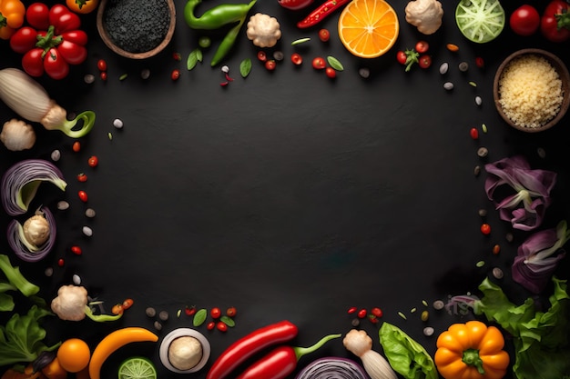 Deliciosos ingredientes frescos de alimentos orgánicos para una cocina saludable Verduras frescas de granjero sobre un fondo de pizarra negra Generar Ai