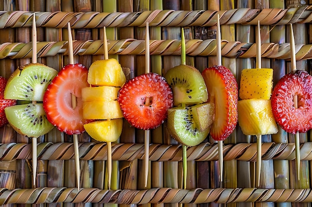 Deliciosos kebabs de frutas dispuestos en pinzas de bambú