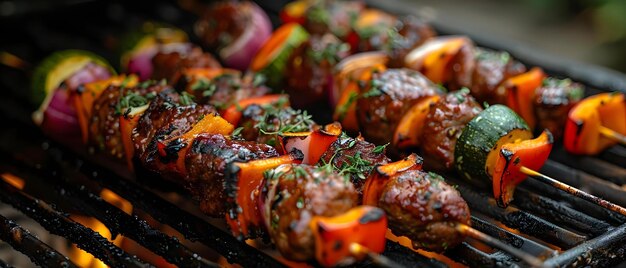 Deliciosos kebabs de shish a la parrilla con verduras en una barbacoa un pasatiempo popular de verano Concepto de barbacoa Recetas de verduras asadas Shish Kebabs Grill de verano Cocina al aire libre