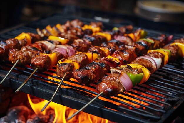 Deliciosos kebabs turcos en una parrilla chisporroteante