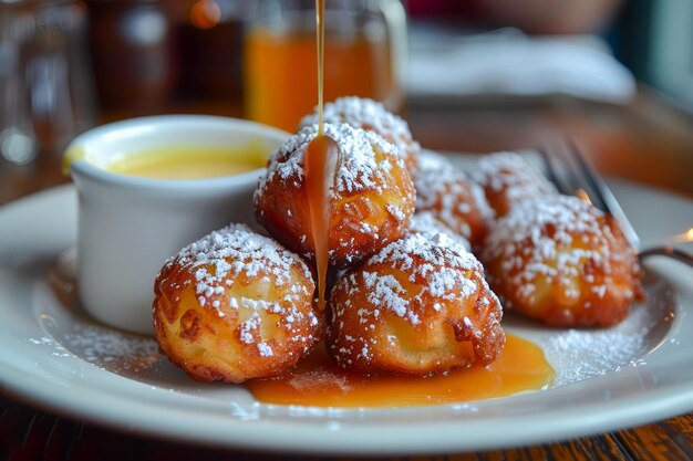 Deliciosos Loukoumades griegos caseros goteando miel en un plato con mantequilla derretida dulce