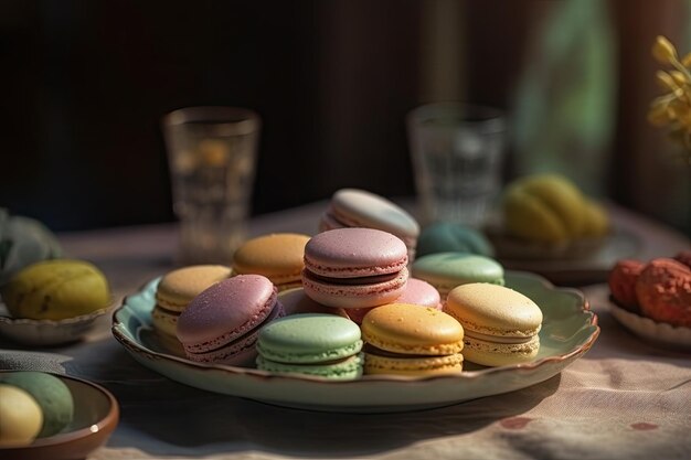 Deliciosos macarrones de colores pastel en el té de la tarde, perfectos para invitaciones y planificadores IA generativa