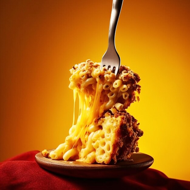 Deliciosos macarrones con queso y queso servidos en un tenedor Imagen de stock con IA generativa