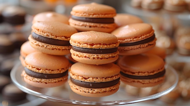 Deliciosos macarrones de relleno de chocolate en un plato de vidrio perfectos para temas de panadería y confitería.