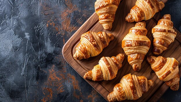 Foto deliciosos mini croissants frescos en una tabla de cortar de madera