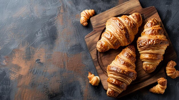 Foto deliciosos mini croissants frescos en una tabla de cortar de madera