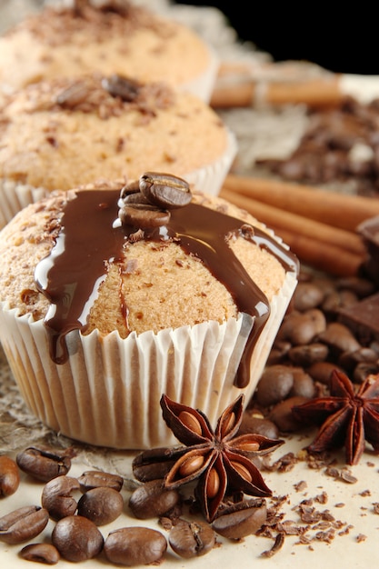 Deliciosos muffins con chocolate, especias y semillas de café, cerrar