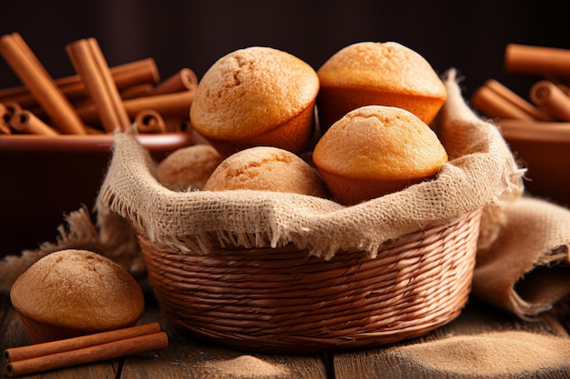 Deliciosos muffins de especiarias de abóbora em fundo de cozinha desfocado com espaço de cópia para texto