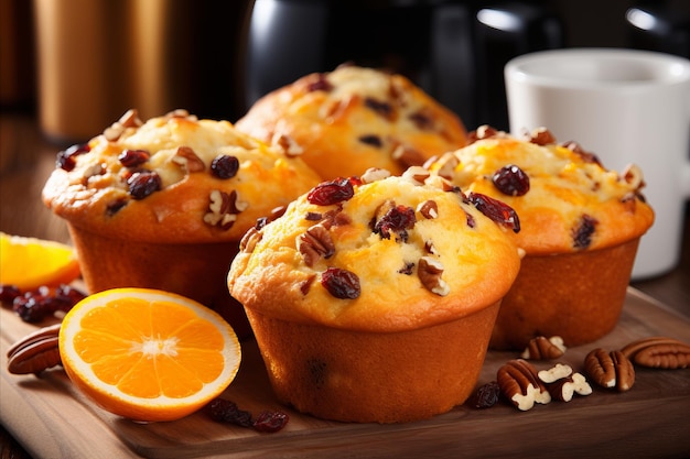 Deliciosos muffins de laranja de cranberry caseiros em fundo de cozinha desfocado com espaço de cópia