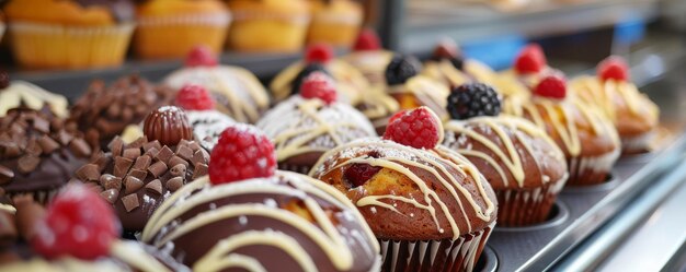 Deliciosos muffins dulces decorados con chocolate y fruta en una caja en la panadería
