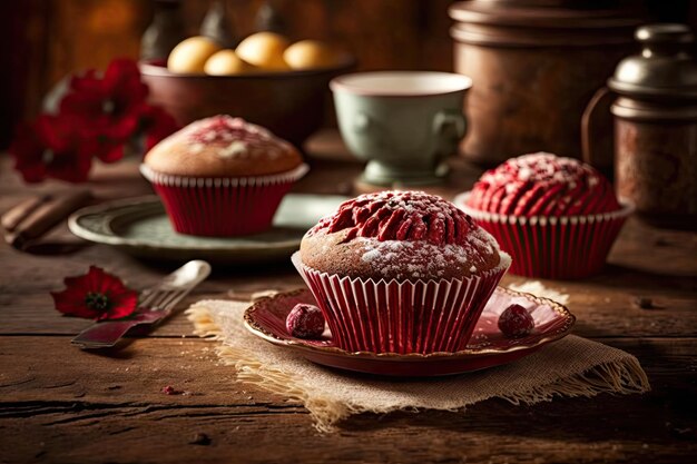 Deliciosos muffins na mesa bolo de veludo vermelho e doces criados com ai generativa