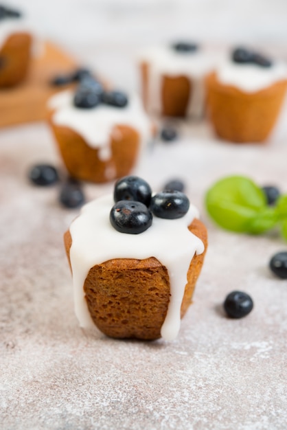 Deliciosos muffins de vainilla en azúcar Fudge se encuentran en un muro de hormigón. Foto horizontal