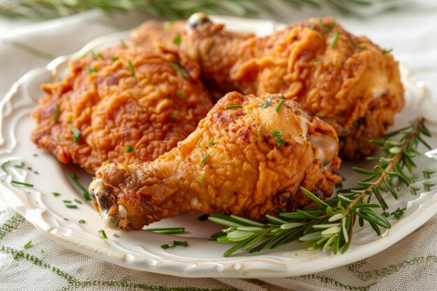 Deliciosos muslos de pollo fritos y crujientes con romero fresco en un plato de cerámica perfectos para la comodidad