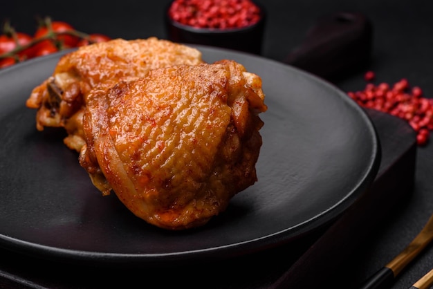 Deliciosos muslos de pollo jugosos horneados con sal, especias y hierbas en un plato de cerámica