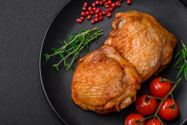 Deliciosos muslos de pollo jugosos horneados con sal, especias y hierbas en un plato de cerámica