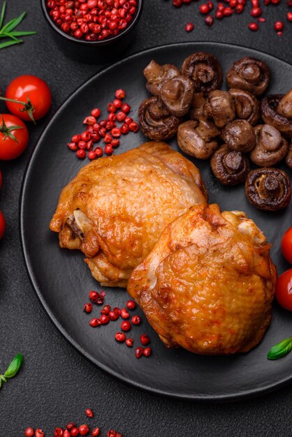 Deliciosos muslos de pollo jugosos horneados con sal, especias y hierbas en un plato de cerámica