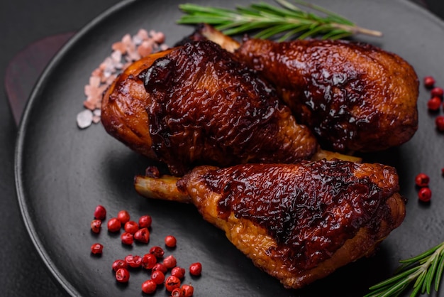 Deliciosos muslos de pollo a la plancha con especias y hierbas en salsa teriyaki