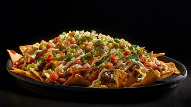 Deliciosos nachos cargados con coberturas frescas en un fondo oscuro