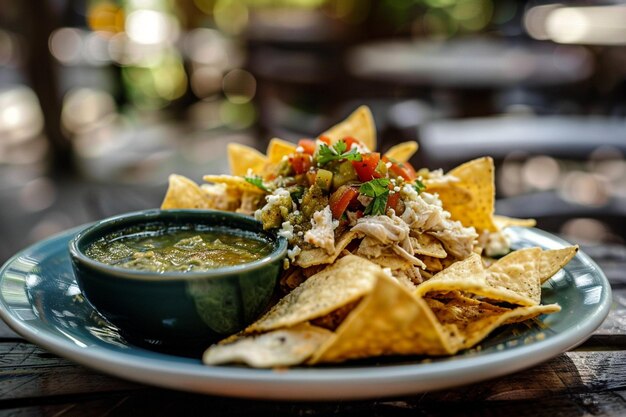 Deliciosos nachos mexicanos y chilaquiles con salsa verde en un plato blanco